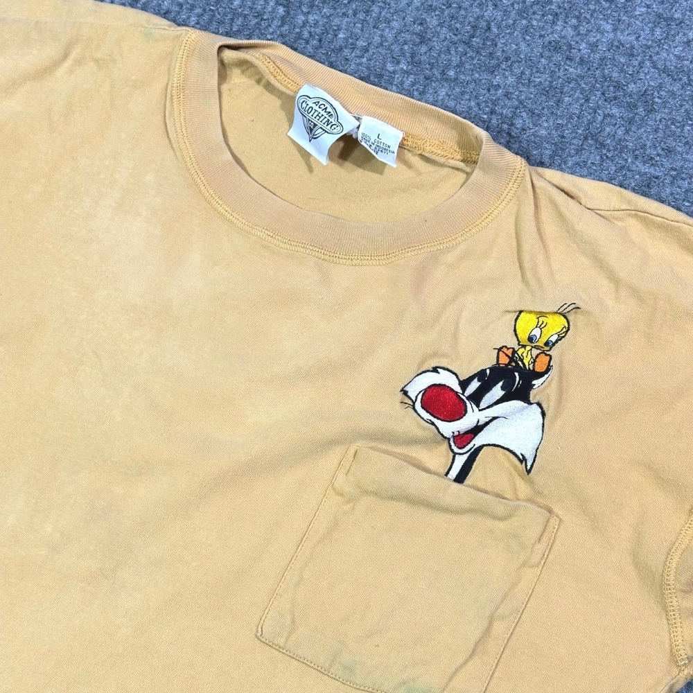 Vintage Looney Tunes T-Shirt Mens Large Sylvester Tweety Pocket 90s Embroidered
